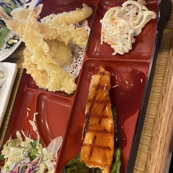 Yashima Restaurant - Teriyaki Salmon and Mixed Tempura Lunch Bento. - Sushi Bars Near Me - Covina, California
