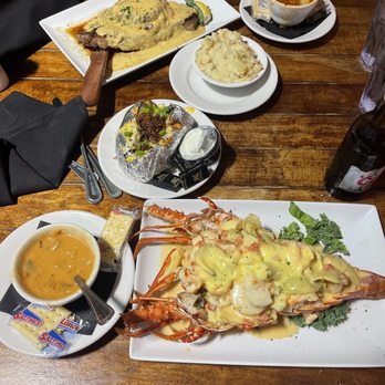 Lazy Days South - Lobster soup baked potato and ribeye with crab cake. - Seafood Near Me - Marathon, Florida Lazy Days South - Lobster soup baked potato and ribeye with crab cake. - Seafood Near Me - Marathon, Florida