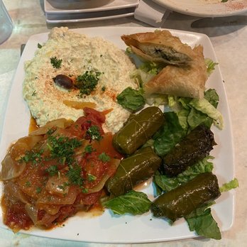 Serops Cafe - Vegetarian Plate with mousaka, grape leaves, spinach pie and baba ganoush. - Greek Near Me - Baton Rouge, Louisiana