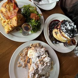 Synonym toast, black n' blue flapjacks, super cheesy bacon French toast Synonym toast, black n' blue flapjacks, super cheesy bacon French toast