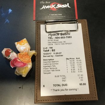 Hyack Sushi - Our bill - w/business card & candies. - Japanese Near Me - New Westminster, British Columbia Hyack Sushi - Our bill - w/business card & candies. - Japanese Near Me - New Westminster, British Columbia