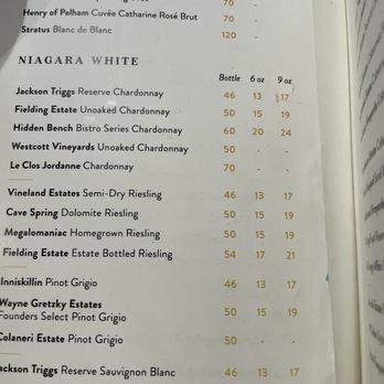 Table Rock Bistro - White wine list - Wine Bars Near Me - Niagara Falls, Ontario