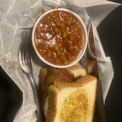 Brothers Bar-B-Que - Baked beans and brisket sandwich
