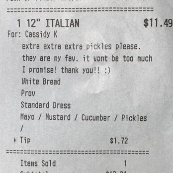Goodcents Deli Fresh Subs - my online order receipt - asking for extra extra extra pickles - Sandwiches Near Me - Mission, Kansas Goodcents Deli Fresh Subs - my online order receipt - asking for extra extra extra pickles - Sandwiches Near Me - Mission, Kansas