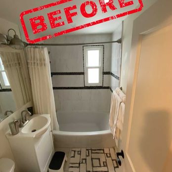MDR Home Improvement - This was before MDR came in! - A small bathroom featuring a bathtub, a window, a sink, and a toilet, with a shower curtain and a patterned rug, labeled 'BEFORE' in red. - General Contractors Near Me