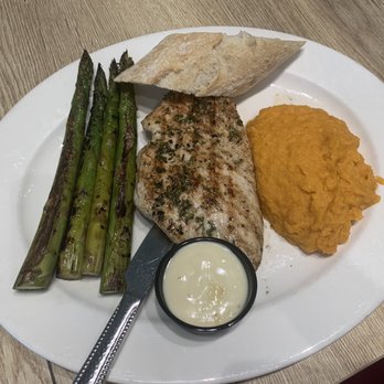 The Kitchen - Grilled Chicken Breast with beurre blanc, asparagus, and smashed Sweet Potatoes - Burgers Near Me - The Woodlands, Texas The Kitchen - Grilled Chicken Breast with beurre blanc, asparagus, and smashed Sweet Potatoes - Burgers Near Me - The Woodlands, Texas