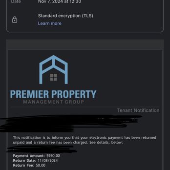 Premier Property Management Group - Email from the manager stating payment was returned - Property Management Near Me - Grapevine, Texas Premier Property Management Group - Email from the manager stating payment was returned - Property Management Near Me - Grapevine, Texas