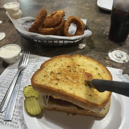 Josh's Chicken Meltdown and onion rings