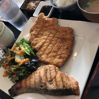 Kizuna - Combo pork tonkatsu and salt based char-broiled salmon. Comes with delicious salad ginger carrots desssing, miso soul, and rice. - Japanese Curry Near Me - San Jose, California Kizuna - Combo pork tonkatsu and salt based char-broiled salmon. Comes with delicious salad ginger carrots desssing, miso soul, and rice. - Japanese Curry Near Me - San Jose, California