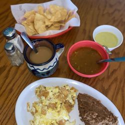 La Justicia Restaurant - Migas Special with beans and potatoes.
