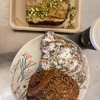 The Mill - Ham and cheese croissant (front), Pistschio blackberry croissant (middle), Halva toast (back) - Coffee & Tea Near Me - San Francisco, California The Mill - Ham and cheese croissant (front), Pistschio blackberry croissant (middle), Halva toast (back) - Coffee & Tea Near Me - San Francisco, California