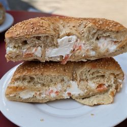 Salmon spread on a sesame seed bagel. Mmmmm!
