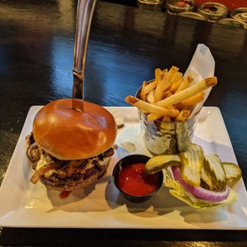 Engine No 9 - Demi-God burger .. cheddar, swiss, sauteed mushrooms, caramelized onions and horseradish mayo. Cooked mid-rare of course. - Burgers Near Me - Saint Petersburg, Florida