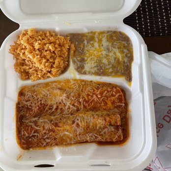El Torito Loco - 2 chicken enchiladas with beans and rice. Chicken enchiladas we pretty good, but the rice and beans were no way homemade. - Mexican Near Me - Chino, California