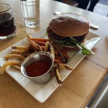 Leaf Vegetarian Restaurant - Vegan Crab Cake Sandwich w mixed fries - Vegetarian Near Me - Boulder, Colorado