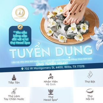 La Dolce Nail Spa - GIA NHẬP ĐỘI NGŨ LA DOLCE NAIL SPA WILLIS NGAY HÔM NAY!
Môi trường tốt - Thu nhập ổn định - Làm việc lâu dài - Nail Salons Near Me - Willis, Texas La Dolce Nail Spa - GIA NHẬP ĐỘI NGŨ LA DOLCE NAIL SPA WILLIS NGAY HÔM NAY!
Môi trường tốt - Thu nhập ổn định - Làm việc lâu dài - Nail Salons Near Me - Willis, Texas