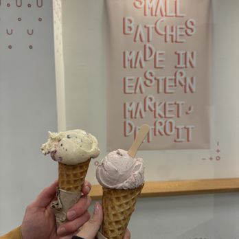 Milk & Froth - Malt Cherry Chocolate Ice Cream (left) Roasted Strawberry Ice Cream (right) - Ice Cream & Frozen Yogurt Near Me - Detroit, Michigan Milk & Froth - Malt Cherry Chocolate Ice Cream (left) Roasted Strawberry Ice Cream (right) - Ice Cream & Frozen Yogurt Near Me - Detroit, Michigan