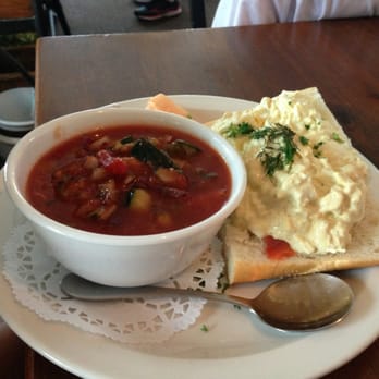 The Tin Muffin Cafe - Open-faced smoked salmon sandwich topped with egg salad and dill, with gazpacho. - Sandwiches Near Me - Boca Raton, Florida The Tin Muffin Cafe - Open-faced smoked salmon sandwich topped with egg salad and dill, with gazpacho. - Sandwiches Near Me - Boca Raton, Florida