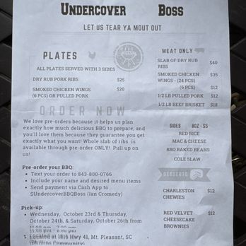 Undercover Boss - Menu - Barbeque Near Me - Mt Pleasant, South Carolina Undercover Boss - Menu - Barbeque Near Me - Mt Pleasant, South Carolina