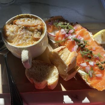 Pinwheel Cafe Bakery - Alaskan tartine with a side of French onion soup. - Breakfast & Brunch Near Me - Torrance, California Pinwheel Cafe Bakery - Alaskan tartine with a side of French onion soup. - Breakfast & Brunch Near Me - Torrance, California