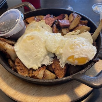 Blue Bike Cafe - Pastrami Hash with Eggs Over Medium - Breakfast & Brunch Near Me - Highlands, North Carolina Blue Bike Cafe - Pastrami Hash with Eggs Over Medium - Breakfast & Brunch Near Me - Highlands, North Carolina