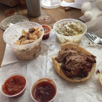 Forrest Dunlap - The portions are huge!!! Pork sandwich. Mac and cheese. Potato salad - Barbeque Near Me - Hummelstown, Pennsylvania
