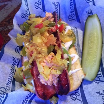 Paramount - Downtown Birmingham - Southern hot dog w/ pimento cheese and chow chow (looks awful but tastes great) - Arcades Near Me - Birmingham, Alabama