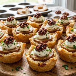 Pear and goat cheese phyllo delicacies topped with candied walnuts