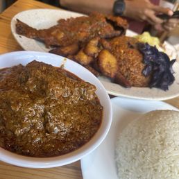 Fried Okra Stew + Rice and Whole Fish + Fried Plantains Fried Okra Stew + Rice and Whole Fish + Fried Plantains