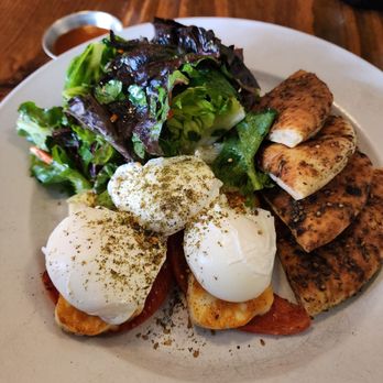 Cafe Mogador - Halloumi Eggs with an extra poached egg...because protein. - Moroccan Near Me - Brooklyn, New York Cafe Mogador - Halloumi Eggs with an extra poached egg...because protein. - Moroccan Near Me - Brooklyn, New York