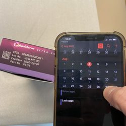 Buena Vista Aesthetics - Dr. Phillips - IPhone calendar showing the date (8/4/21) and the box of Juvaderm (EXPIRED 8/7/20)