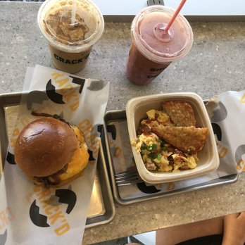 Crack'd Kitchen & Coffee - Porker sandwich and egg n tator bowl and monkey wrench smoothie - Breakfast & Brunch Near Me - Andover, Massachusetts