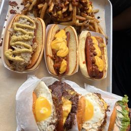 Burger Yum All Day Breakfast, Burger Yum Double Cheeseburger, hotdogs and loaded fries