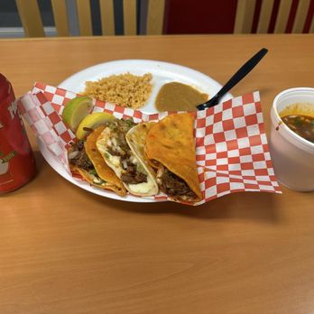El Taco Rojo - Birria 3 quesatacos with rice and beans - Mexican Near Me - Bakersfield, California