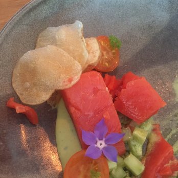 Wild Mountain - Wild salmon appetizer - could not wait to dig in - hence half eaten already - Canadian (New) Near Me - Sooke, British Columbia