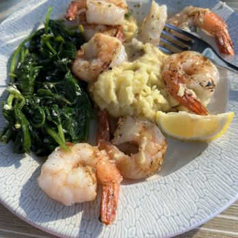 Boat House Waterfront Dining - Choice of protein and 2 sides (shrimp, mashed potatoes and garlicky spinich - Seafood Near Me - Tiverton, Rhode Island