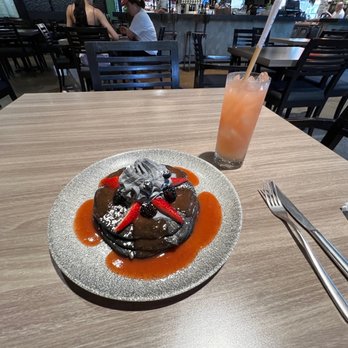Basalt - Charcoal Pancakes with strawberry guava syrup Guava Lemonade - New American Near Me - Honolulu, Hawaii Basalt - Charcoal Pancakes with strawberry guava syrup Guava Lemonade - New American Near Me - Honolulu, Hawaii