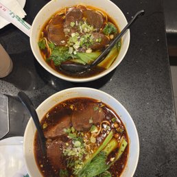 House Special Beef Noodle Soup (top- $15) & Spicy Braised Beef Noodle Soup (bottom- $15.50), House Special Beef Noodle Soup (top- $15) & Spicy Braised Beef Noodle Soup (bottom- $15.50),