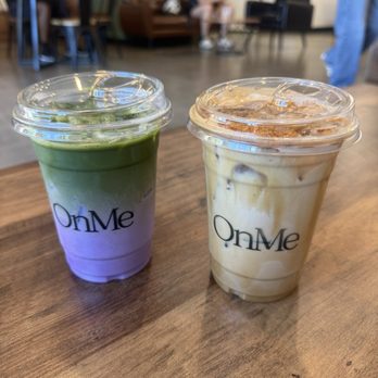 OnMe Cafe - Iced ube matcha latte (left) and iced cookie butter latte (right) - Coffee & Tea Near Me - Ontario, California