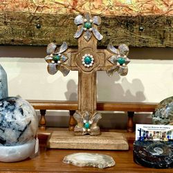 Deprise Brescia Art Gallery - Wooden carved table cross embedded with Turquoise and pearls.   Stone, crystal and mineral spheres, towers and fossils.
