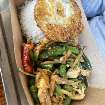 Lucky Noodles - Kra Pao Kai (basil pork) with fried egg on top - Thai Near Me - Denver, Colorado Lucky Noodles - Kra Pao Kai (basil pork) with fried egg on top - Thai Near Me - Denver, Colorado