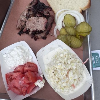 Blue Door Smokehouse - Side special: cottage cheese & tomato, Creamy Coleslaw, Brisket (this was a 1 meat plate) - Smokehouse Near Me - Lexington, Kentucky