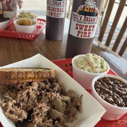 Pulled pork, baked beans and slaw... my favorite sauce Sweet Fire