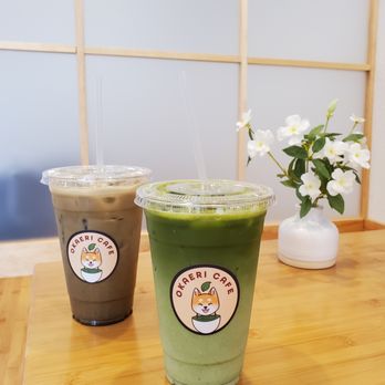 Okaeri Cafe - (Left) Hojicha latte, (Right) Matcha latte - Japanese Near Me - Richardson, Texas