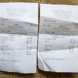 These two receipts accompany Janelle Anderson's review of Tropical Smoothie on Galveston Court on March 15, 2014. These two receipts accompany Janelle Anderson's review of Tropical Smoothie on Galveston Court on March 15, 2014.