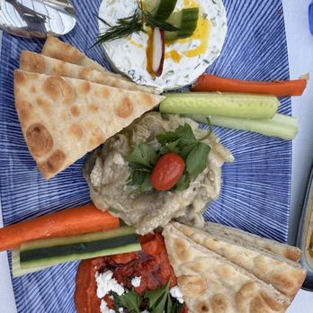 Elia - Pita bread with 3 dips - the spicy hummus was our favorite! - Greek Near Me - Pleasanton, California