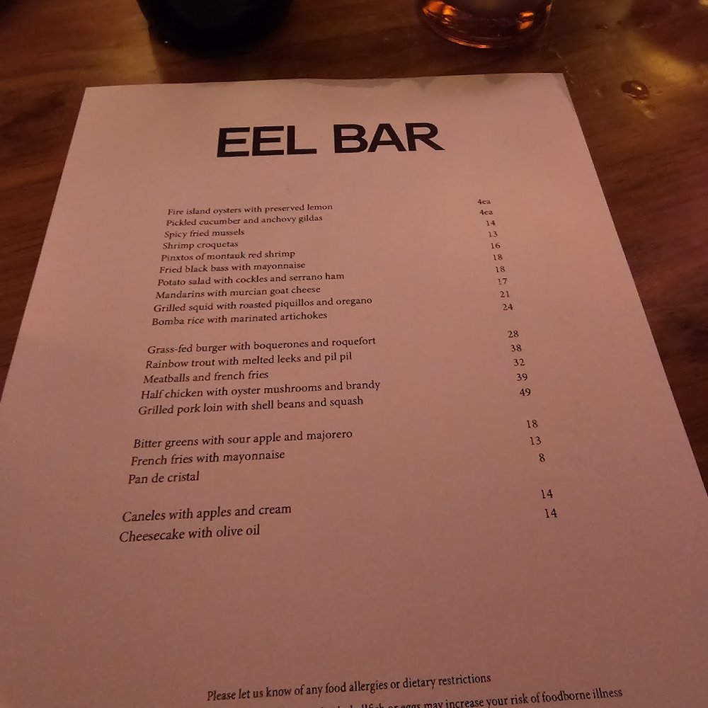 Eel Bar - Menu Side 1- Food. As of March - Basque Near Me - New York, New York