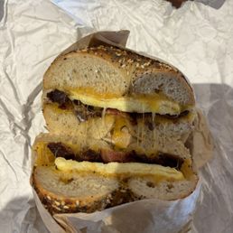 Bacon egg & cheese on everything bagel Bacon egg & cheese on everything bagel