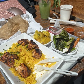 Mazra - Double Kebab Plate - chicken Fresh Mint Lemonade Roasted Veggies Garlic Roasted Potatoes - Mediterranean Near Me - San Bruno, California Mazra - Double Kebab Plate - chicken Fresh Mint Lemonade Roasted Veggies Garlic Roasted Potatoes - Mediterranean Near Me - San Bruno, California