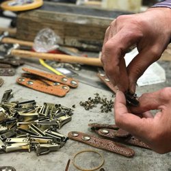 Casa della Pelle - Paolo Infunti in his leather working studio in Siena Italy (Tuscany).